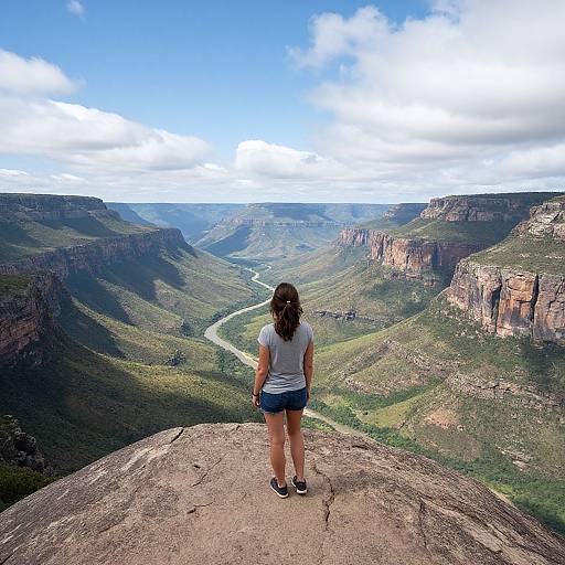 Photograph of a woman with brown hair, white t-shirt, and blue shorts standing on a rocky outcrop, overlooking a vast, green valley with