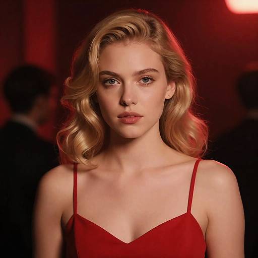 Woman in Red Dress with Wavy Blonde Hair