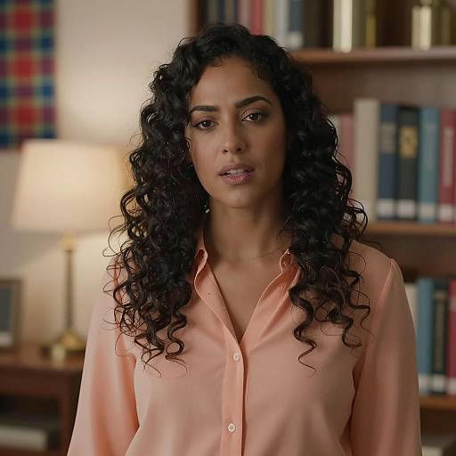Woman with Curly Hair in Library