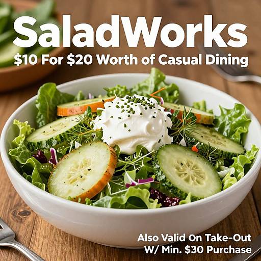 Photograph of a fresh salad with cucumber slices, lettuce, and dill, topped with cream, text overlay: 