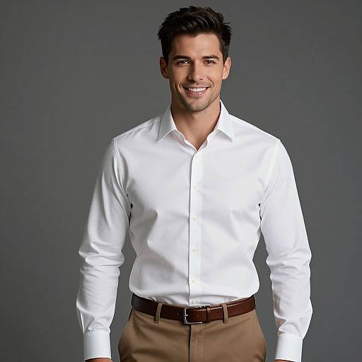 Photograph of a smiling, dark-haired man with light skin, wearing a white button-down shirt and brown pants, against a gray background.