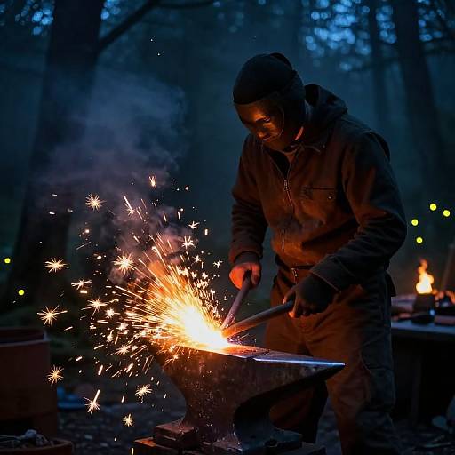 Photograph of a black-clad blacksmith in a forest at dusk, sparking metal on an anvil with bright, fiery sparks.
