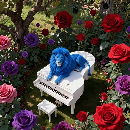 Photorealistic digital artwork: Blue lion lounges on white piano amidst vibrant red, purple, and pink roses in a lush garden.