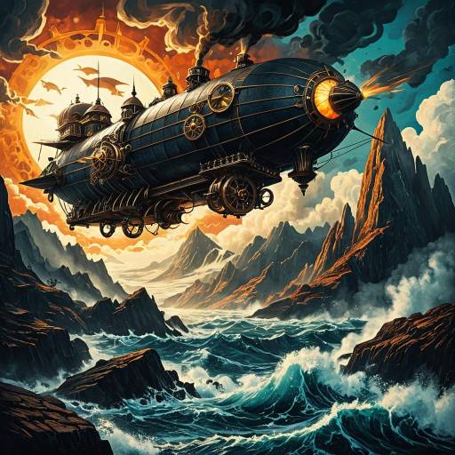 Surreal Steam-Powered Airship Over Mountains