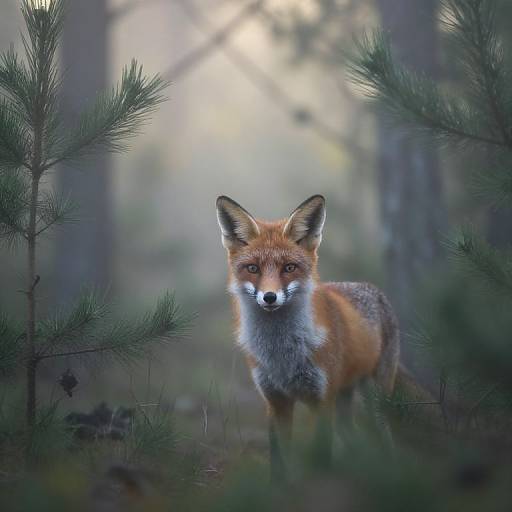 Photograph of a red fox with piercing eyes, standing alert in a misty forest, framed by pine branches, with soft light filtering through the trees