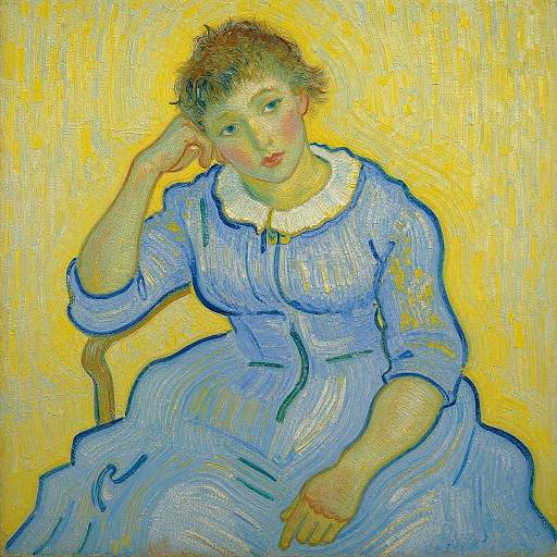 Impressionist painting of a young woman with fair skin and brown hair, wearing a blue dress with white collar, seated against a bright yellow background,