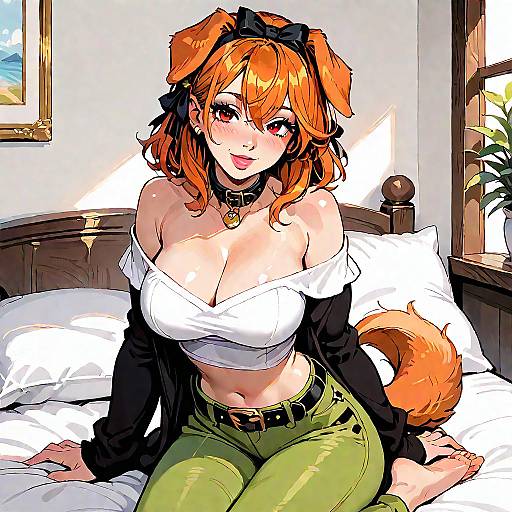 Digital anime-style drawing of a cute, orange-haired girl with dog ears and tail, wearing a white off-shoulder top, green pants, and