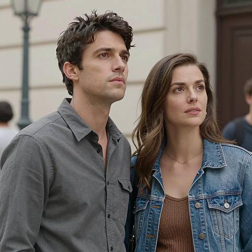 Intense Couple Against Urban Backdrop