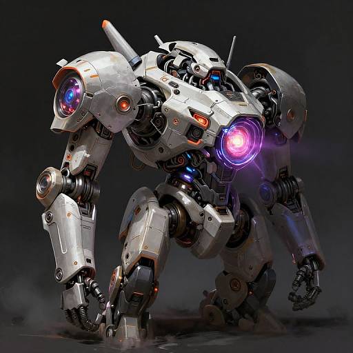 CGI image of a futuristic white robotic quadruped with glowing red and purple eyes, and orange accents, standing against a dark background.