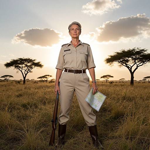 Photograph of a stern-looking older woman in a khaki safari uniform, holding a rifle and map, standing in a sunlit savanna with ac