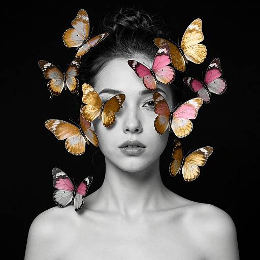 Black-and-white photograph of a woman with dark hair, surrounded by orange and pink butterflies, against a black background.