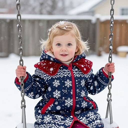 Photograph of a blonde, fair-skinned toddler with blue eyes, wearing a winter coat with white snowflake and red patterns, sitting on a metal
