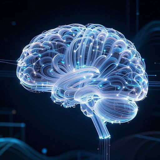 Neon-lit 3D wireframe brain sculpture glowing in vivid blue and white against a black background. Digital light art, intricate lines and swirl