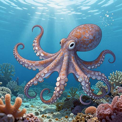 Photograph of a vibrant pink and orange octopus with large eyes, swimming amidst colorful coral reefs in a sunlit underwater scene.