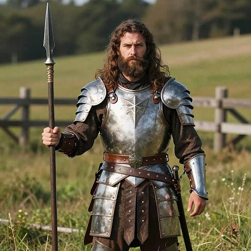 Photograph of a bearded, long-haired man with a serious expression, wearing medieval silver armor and holding a spear, standing in a sunlit grass