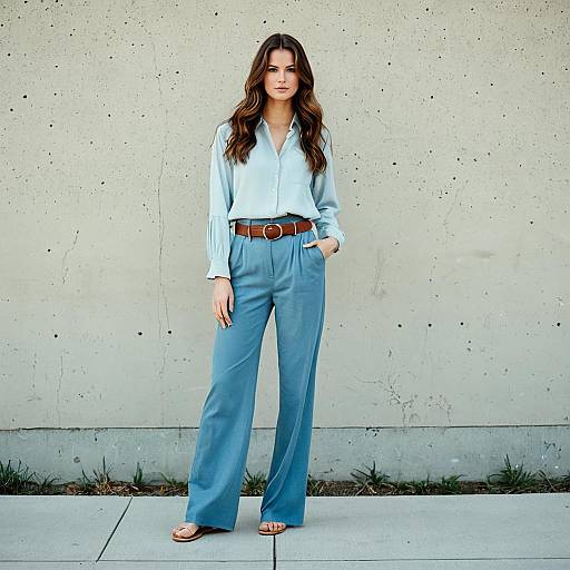 Woman in Light Blue Pants Outfit Standing by Wall