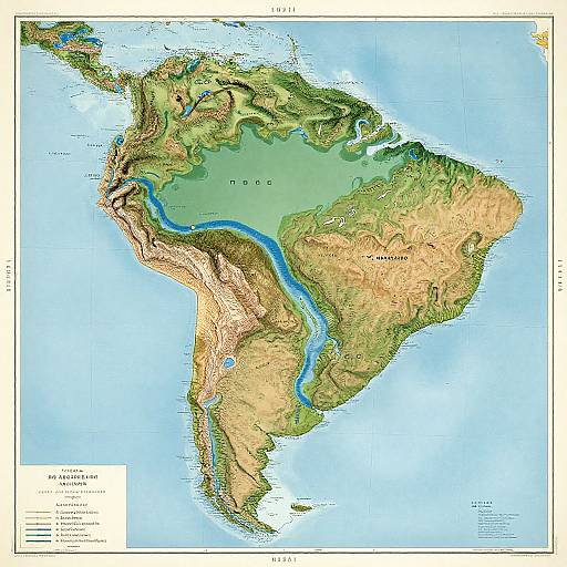 Detailed topographic map of South America, highlighting elevation, waterways, and country borders, with vibrant green, brown, and blue colors.