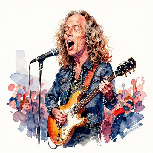 Watercolor-style drawing of a long-haired musician with a denim jacket passionately singing into a microphone while playing a sunburst electric guitar. Crowded audience in
