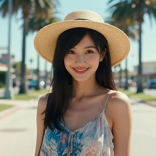 Photograph of an Asian woman with long black hair, wearing a straw hat and floral sundress, smiling outdoors under bright sunlight, with palm trees and