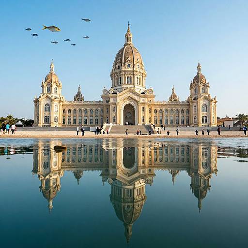 Photograph of the Palacio de Bellas Artes in Mexico City, reflecting in a calm water pool under a clear blue sky, with people walking