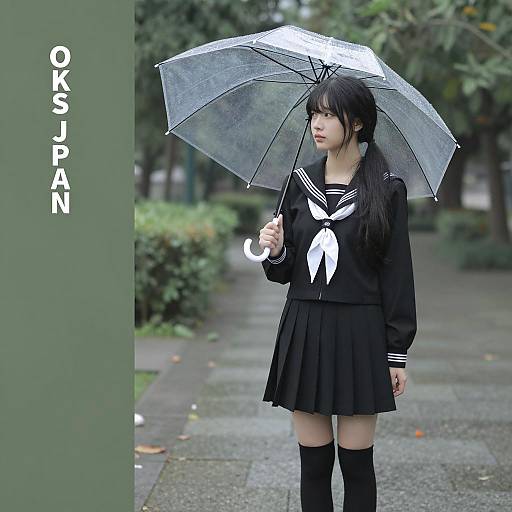 Asian Woman in Japanese Sailor School Uniform with Umbrella