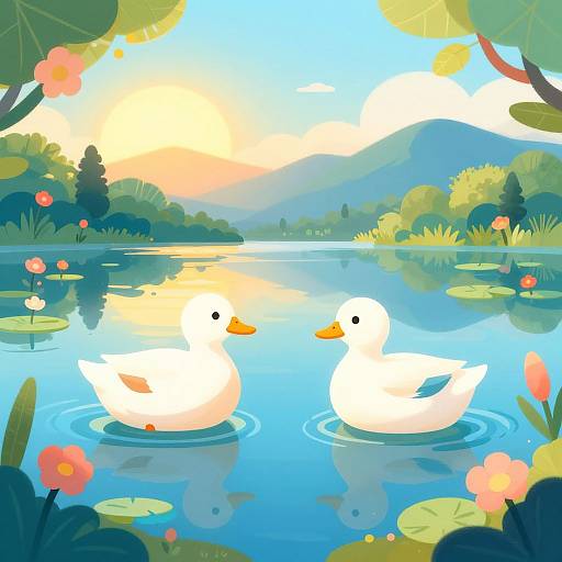Digital illustration of two white ducks swimming in a serene, blue lake with lily pads, pink lotus flowers, and a sunny, mountainous background