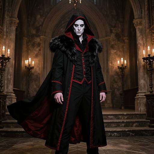 Photograph of a pale-skinned, white-masked figure in a black, fur-trimmed, red-accented cloak, standing in a