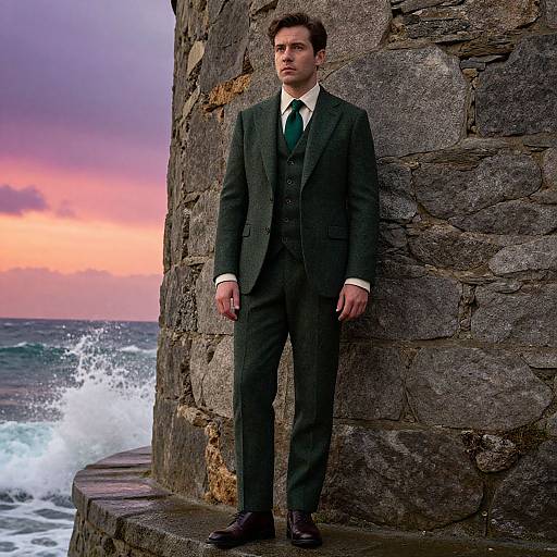Photograph of a serious, dark-haired man in a dark green three-piece suit, white shirt, and green tie, standing against a stone wall by
