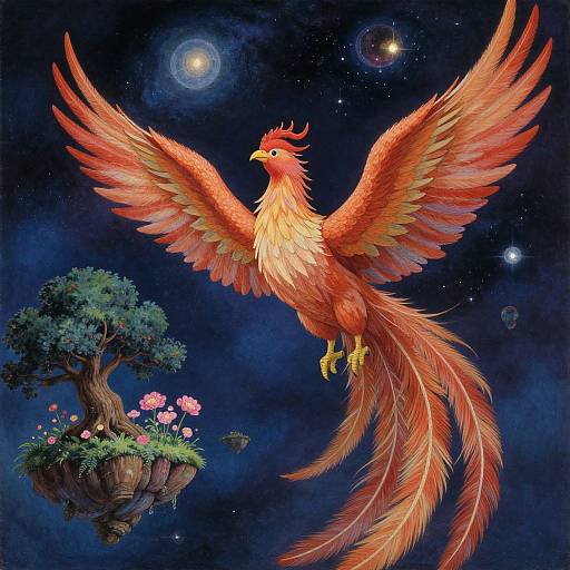 Digital art: Vibrant, fiery phoenix with outstretched wings, red and orange feathers, soaring above floating tree with flowers in a starry night