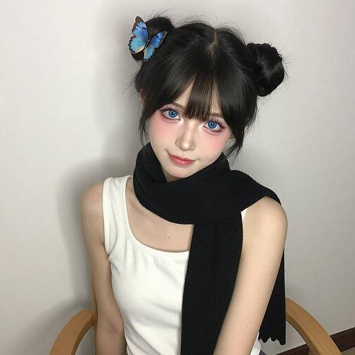 Young Woman with Double Bun and Butterfly Hairpin