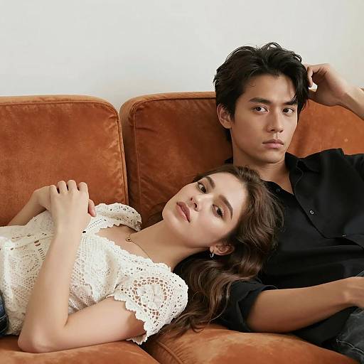 Relaxed Couple on Vibrant Orange Couch