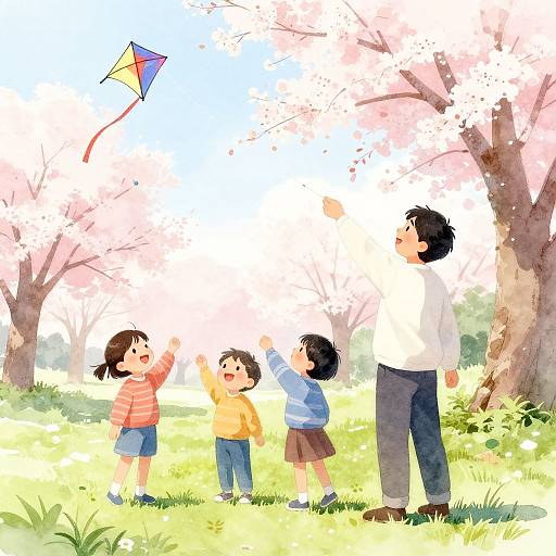 Japanese Dad and Kids Kite Flying