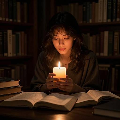 Photograph of a young woman with dark hair, illuminated by a candle, reading an open book in a dimly lit library.