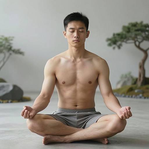 Photograph of a muscular, shirtless Asian man with short black hair, meditating in a lotus position on a smooth, gray floor, wearing