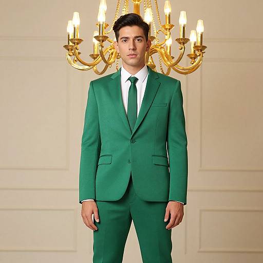 Photograph of a young man with short dark hair, wearing a green suit, white shirt, and green tie, standing in front of a golden ch