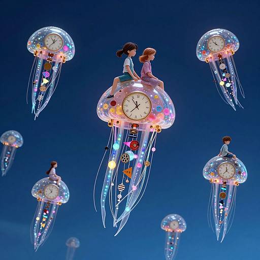 Photograph of whimsical jellyfish clocks with clock faces and colorful lights, each carrying a child-like figure, floating against a deep blue gradient background.
