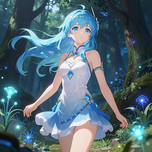 Digital anime-style illustration of a blue-haired girl with bright blue eyes, wearing a white, blue-accented dress with gemstones, walking through a