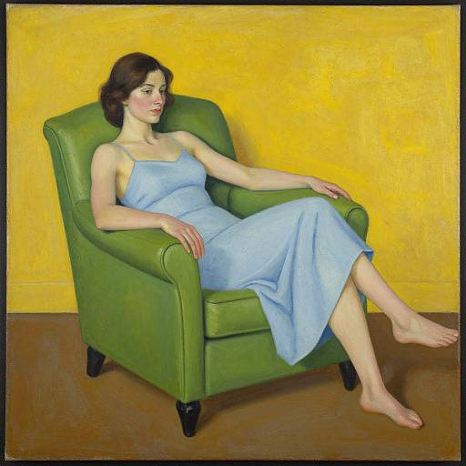 Realistic painting of a fair-skinned woman with short brown hair, wearing a light blue dress, sitting barefoot on a green armchair against a