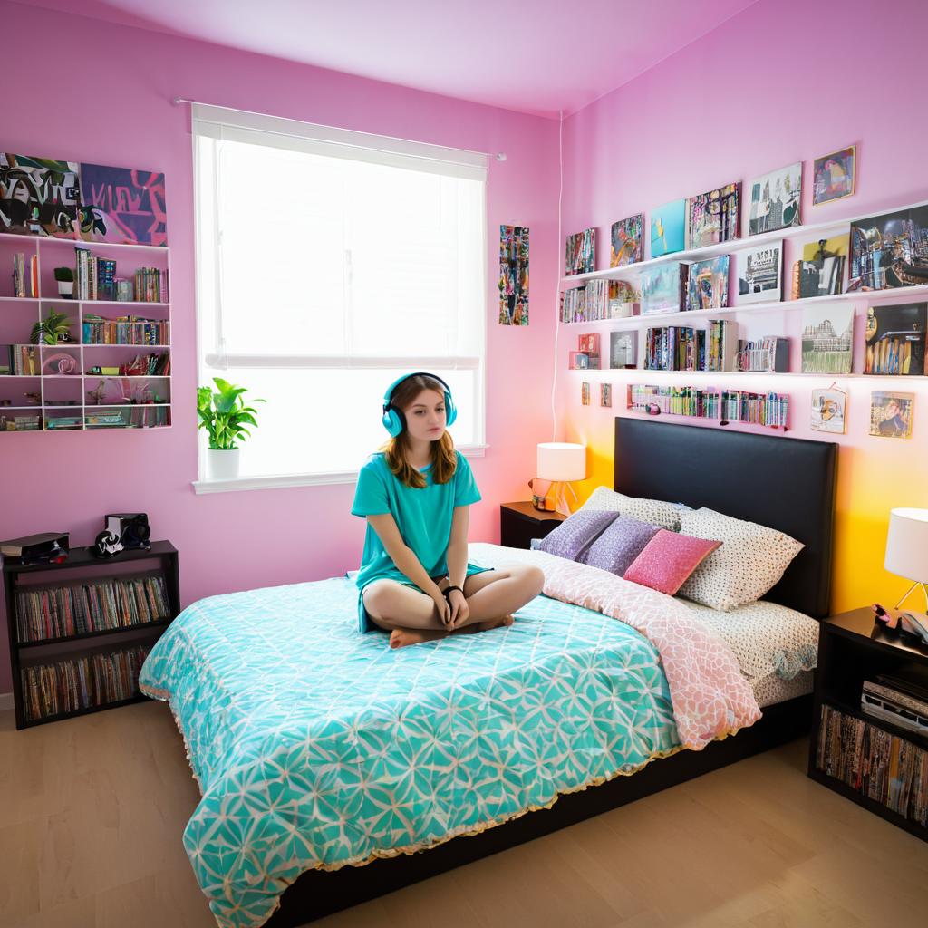 Teenage Girl in Bedroom with Headphones