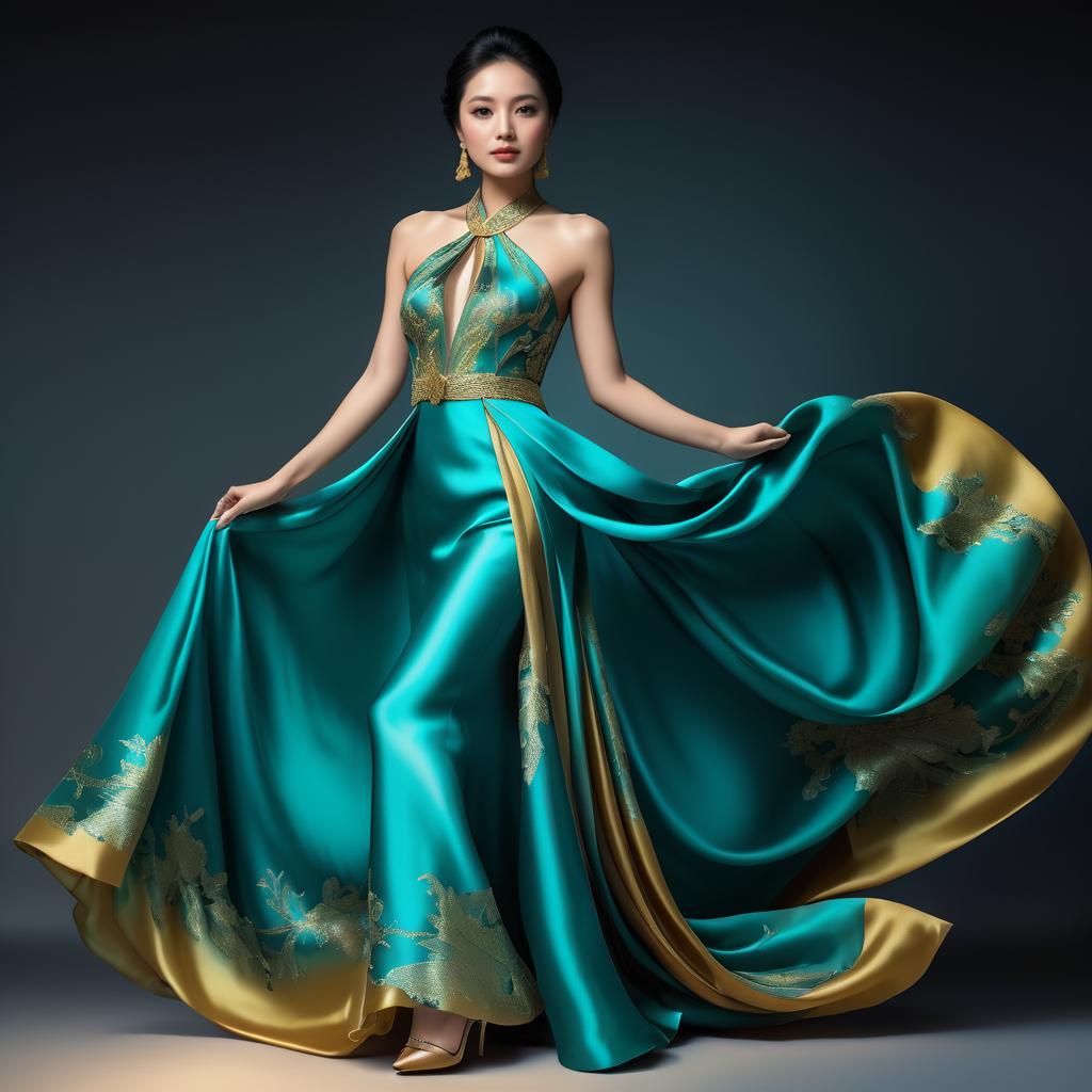 Stunning Teal and Gold Silk Dress