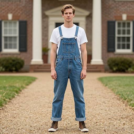 Photograph of a young white man with short brown hair, wearing blue denim overalls, white t-shirt, and brown shoes, standing on a gravel