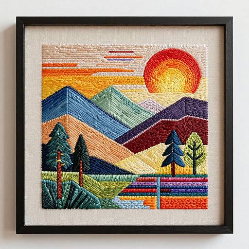 Vibrant cross-stitched landscape with colorful mountains, trees, and sunset, framed in black, set against white matting, showcasing detailed, textured