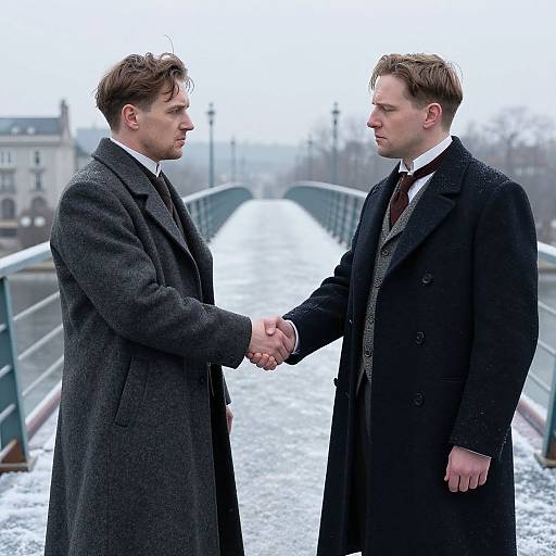 Two men in black overcoats and ties shaking hands on a snowy bridge, facing each other, with blurred urban background. Photograph.