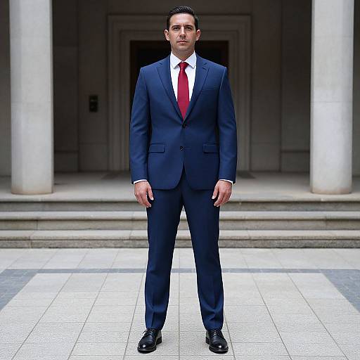 Photograph of a serious, dark-haired man in a navy suit, white shirt, and red tie, standing on tiled steps before tall columns.