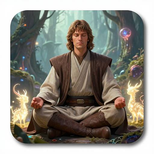 Photograph-style digital art of a young man with shaggy brown hair, meditating in a forest, wearing a brown vest over a beige robe