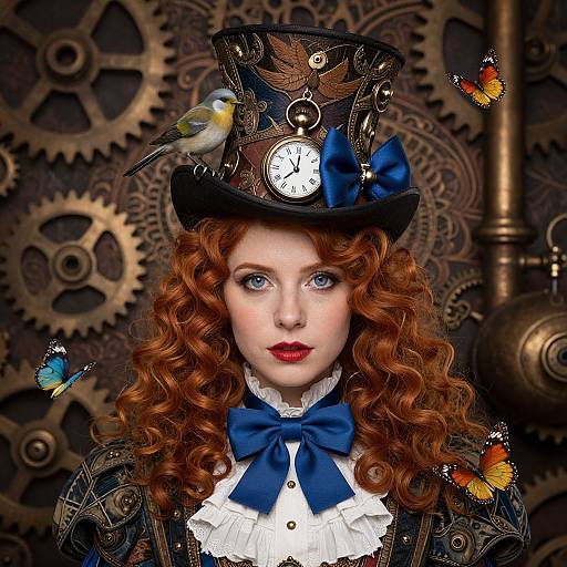 Steampunk portrait of a red-haired woman with blue eyes, wearing a top hat adorned with gears and a bird, blue bow tie, white r
