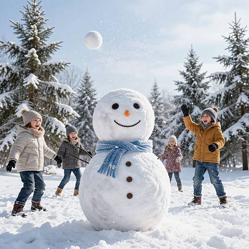 Photograph of a family building a snowman in a snowy forest, with pine trees, bright sunlight, and happy, winter-clothed children.
