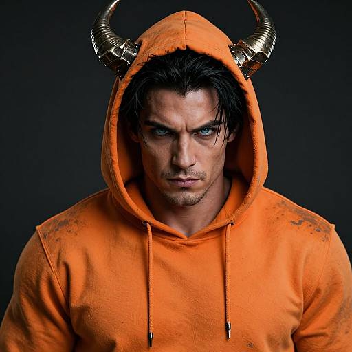 Photograph of a serious-looking man with blue eyes, wearing an orange hoodie with black, spiral horns, against a dark background.