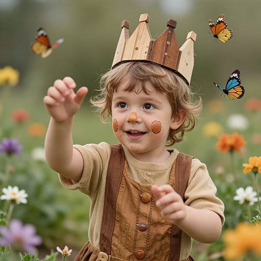 Photograph of a curly-haired toddler wearing a wooden crown and brown overalls, smiling as colorful butterflies flutter around a vibrant flower garden.