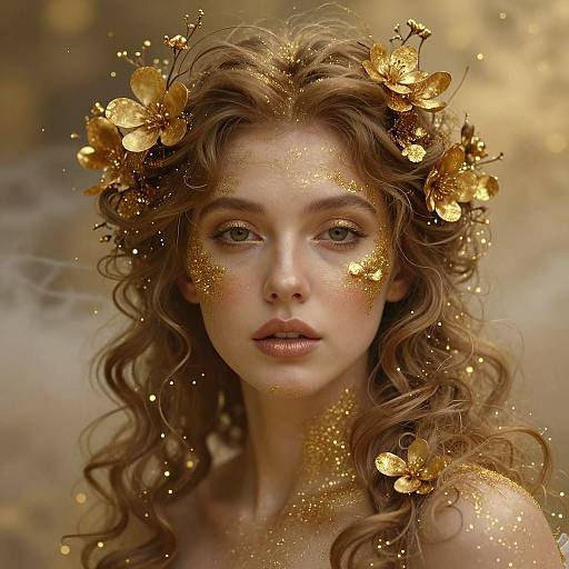 Digital artwork of a fair-skinned, curly-haired woman with golden butterfly crown, adorned with glitter, against a blurred golden background.